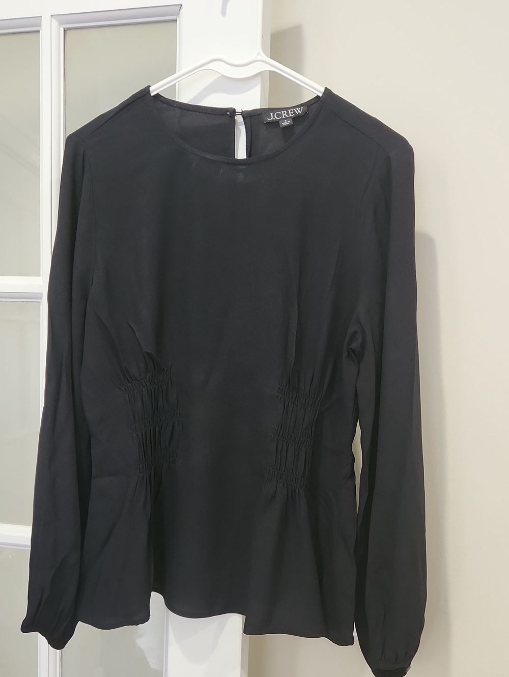 J. Crew Black Long Sleeve Smocked-Waist Top
